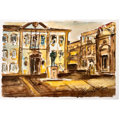 Aquarela de uma praça urbana com edifícios antigos em tons castanhos, amarelos e brancos