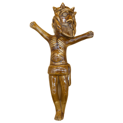 Estátua de madeira castanha de figura humana com um grande olho único na testa.