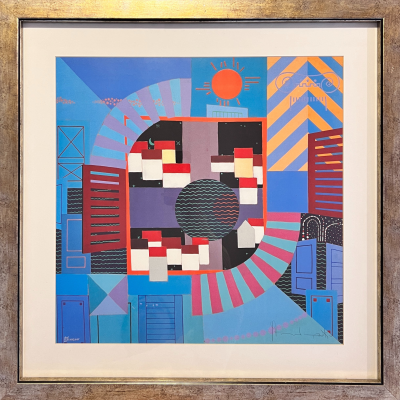 Pintura abstrata colorida com formas geométricas e moldura de madeira