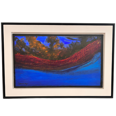 quadro abstrato em azul, vermelho e amarelo com moldura preta e passe-partout branco