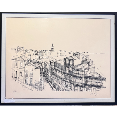 Desenho a tinta preta de paisagem urbana com edifícios em papel creme