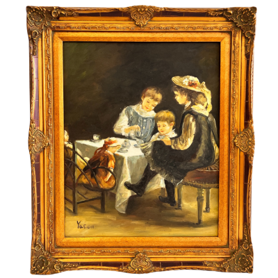 Quadro pintado à óleo com moldura dourada mostrando mulher, duas crianças e cão à mesa