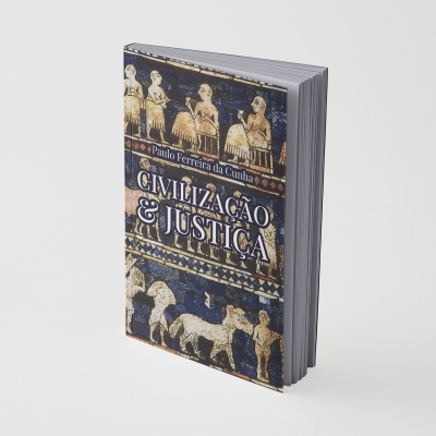 Livro com capa com ilustração antiga em azul, branco e bege mostrando figuras humanas e animais
