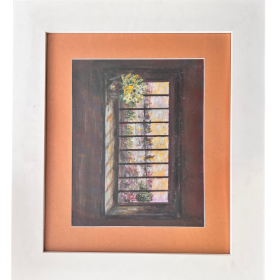 Pintura de janela com flores enquadrada com moldura branca e pasta laranja