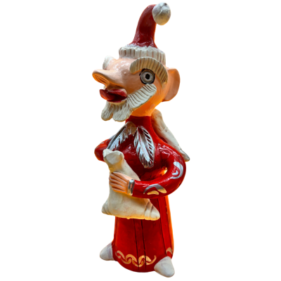 Figura decorativa cerâmica de personagem com gorro de Pai Natal e túnica vermelha