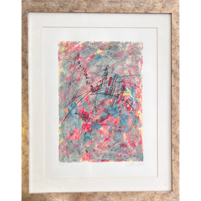 Quadro com pintura abstrata colorida em moldura de madeira clara