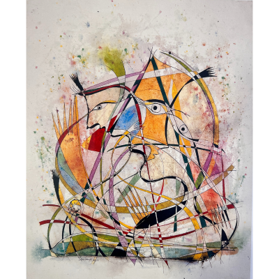 Pintura abstrata colorida com linhas e formas geométricas sobre fundo branco