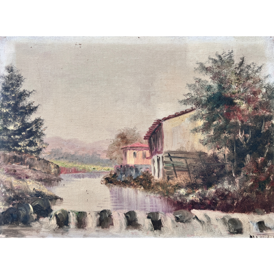 Pintura de paisagem rural com rios, árvores e casas em tons pastel