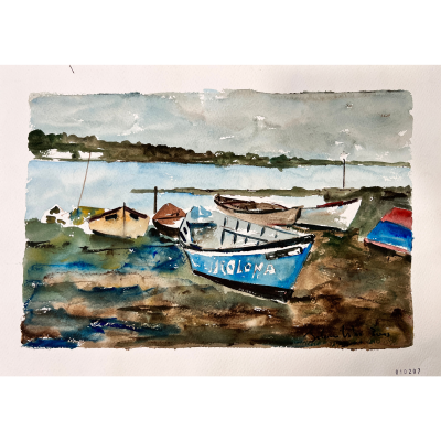 Aquarela de barcos atracados na margem de um rio com um barco azul claro com a palavra JIGLONA.