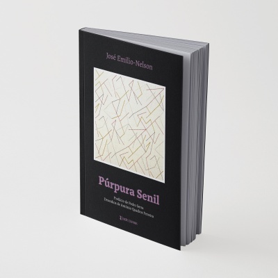 Livro Púrpura Senil com capa preta e padrão geométrico multicolorido