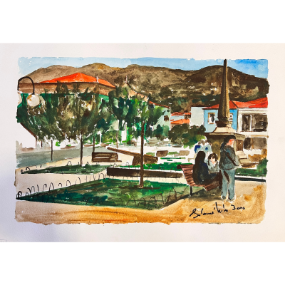 Ilustração em aguarela de parque com árvores, bancos, obelisco e pessoas