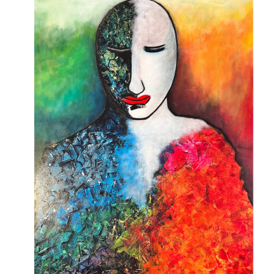 Pintura abstrata de rosto dividido em cores e texturas diferentes.