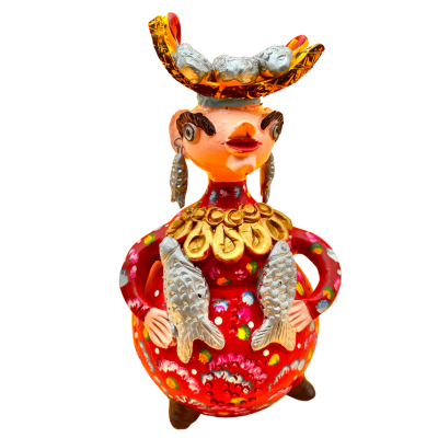 Figura decorativa em cerâmica vermelha com peixes prateados e detalhes dourados