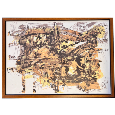 Quadro abstrato com cores castanho, bege e amarelo, moldura de madeira