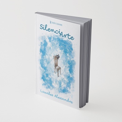 Capa de livro com ilustração azul de cadeira e chapéu e título silenciArte.