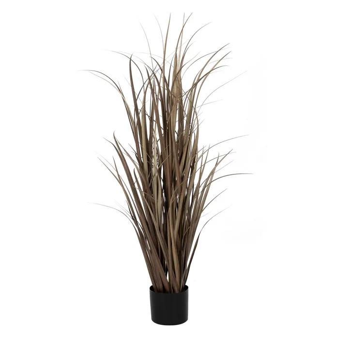 Planta artificial com folhas finas castanhas em vaso preto