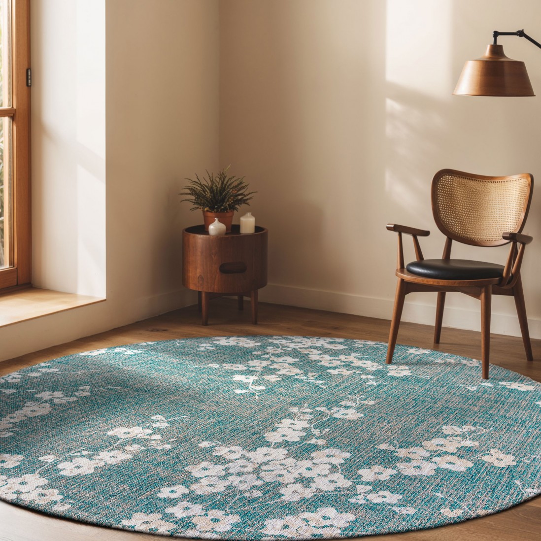 Tapete Almond Chenille Tapete redondo azul com flores brancas numa sala com cadeira de madeira, mesa pequena com plantas e velas e lâmpada pendente de cobre