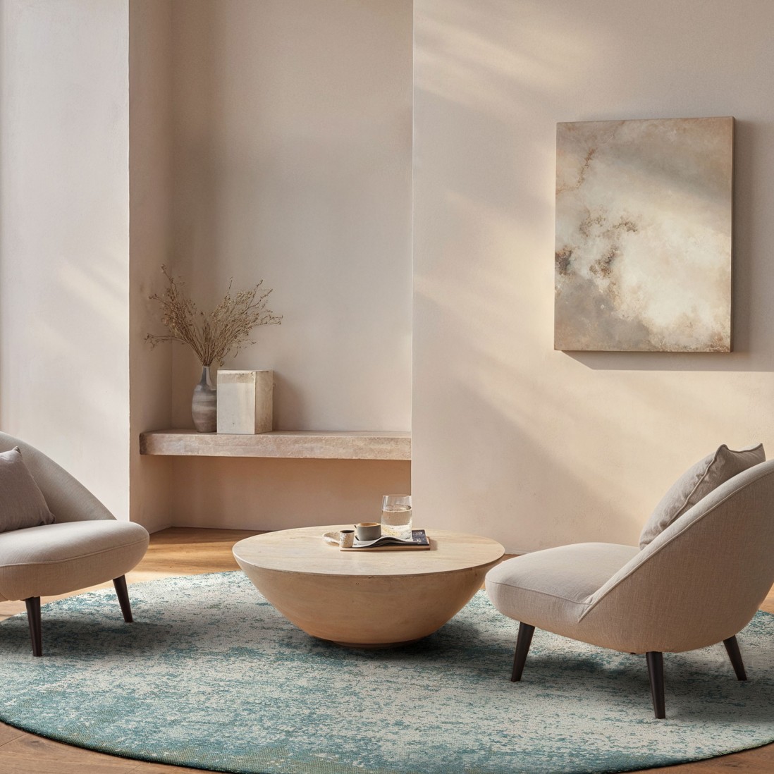 Tapete Moon Chenille Sala com poltronas bege, mesa de centro redonda e tapete azul claro