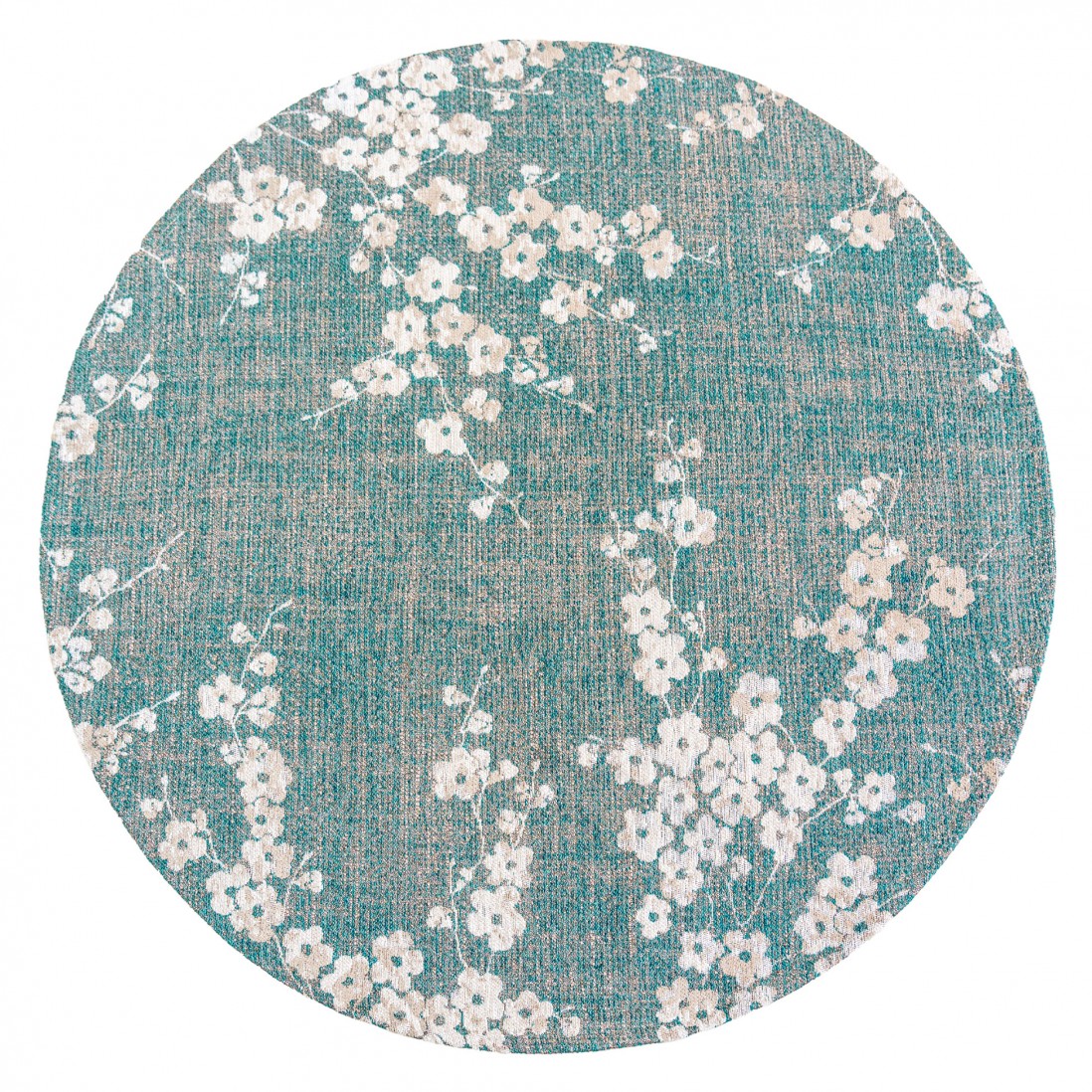 Tapete Almond Chenille Tapete redondo azul esverdeado com flores brancas