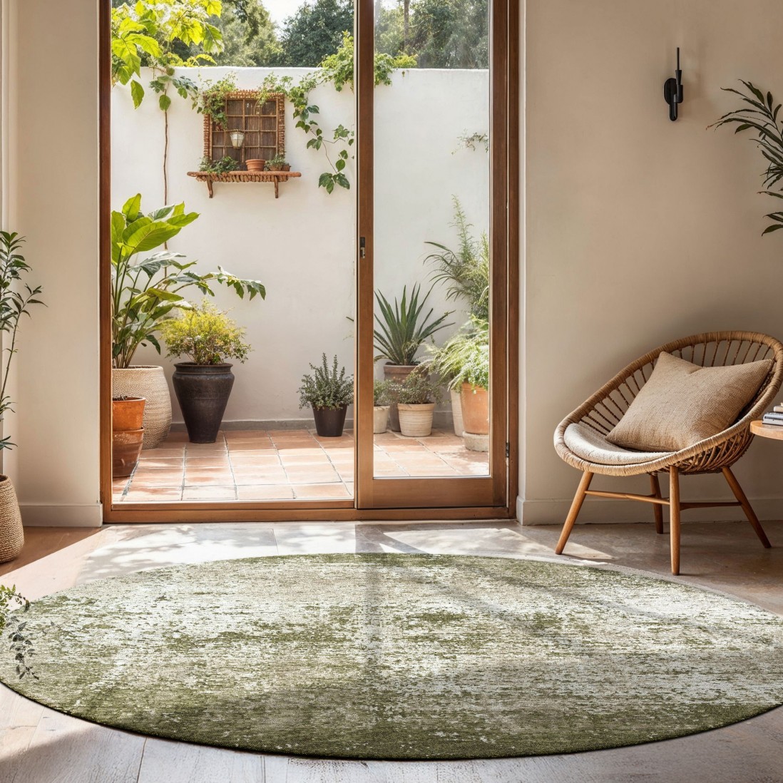 Tapete Moon Chenille Tapete redondo verde claro numa sala com porta de vidro e cadeiras