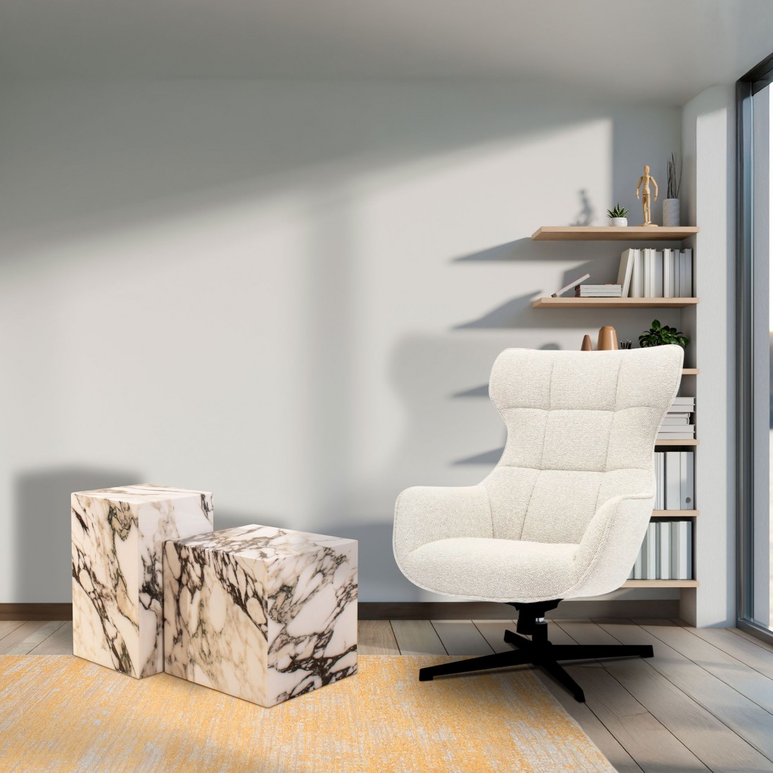 Mesa de Apoio e Mesa de Centro - Cubo Cadeira branca almofadada ao lado de mesas com padrão de mármore em sala iluminada