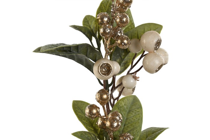 Ramo decorativo com folhas verdes e bagas brancas e douradas
