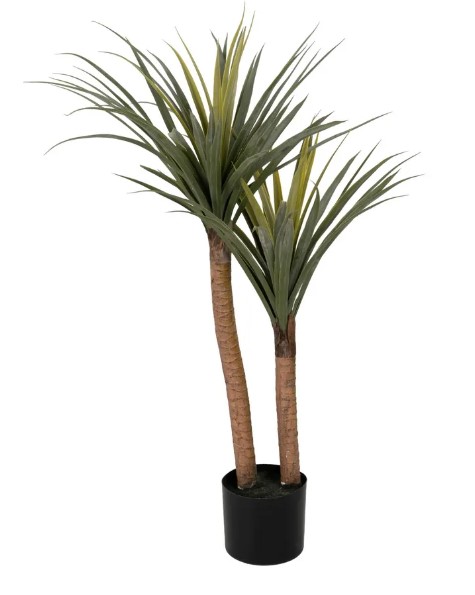 Planta artificial dracena com dois troncos em vaso preto