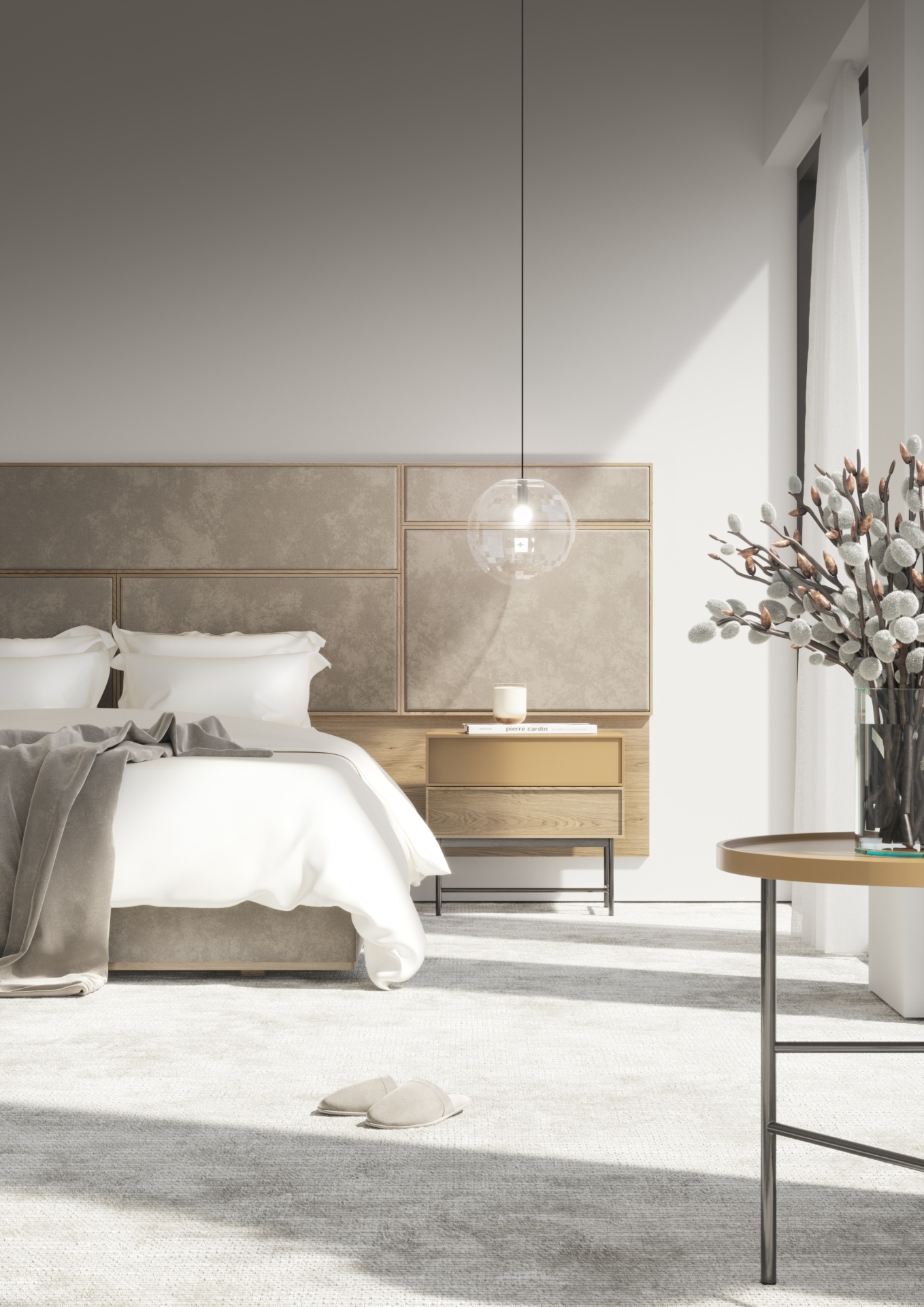 Somier e Cabeceira - MOMA Quarto moderno com cama estofada, mesa de cabeceira em madeira e metal, candeeiro suspenso, carpete cinza e mesa com vaso de flores secas