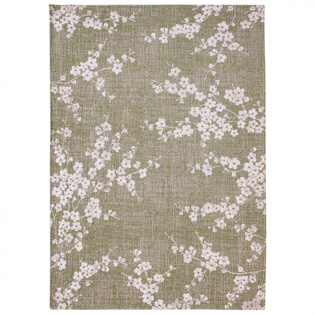 Tapete Almond Chenille Tecido verde com padrão floral branco e textura de linho