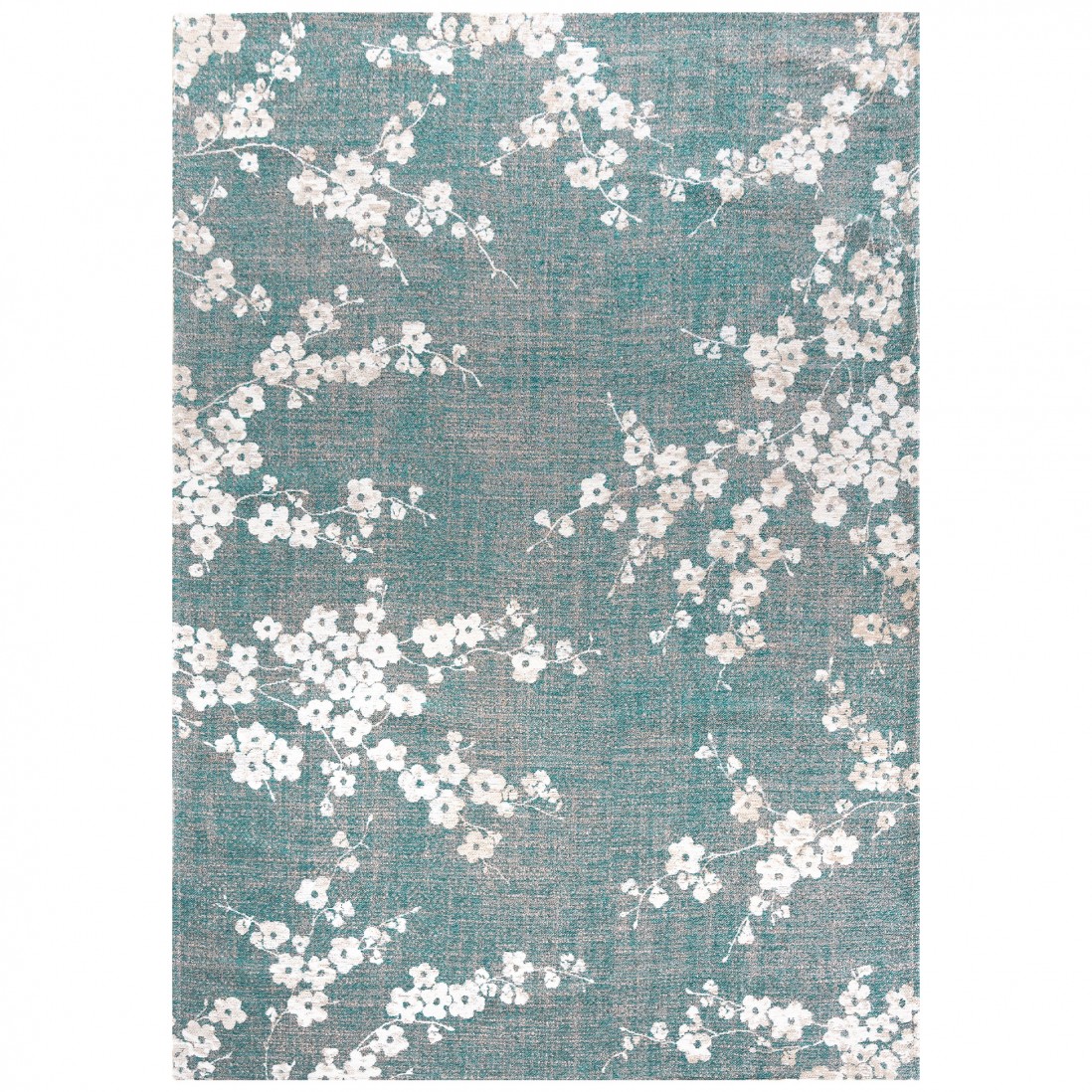 Tapete Almond Chenille Tapete verde-azulado com flores brancas em padrão floral