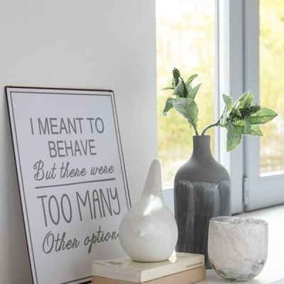 Decoração com quadro branco com texto, vaso preto com folhas verdes, vaso branco e copo translúcido sobre livro