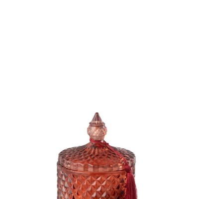 Frasco decorativo vermelho em vidro com tampa e tassel vermelho