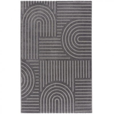 Tapete cinzento com padrão geométrico e linhas verticais e arcos em tons de cinza.