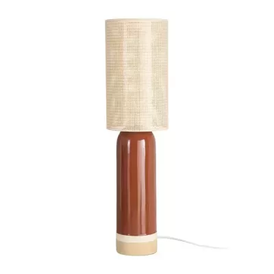 Abajur com base cilíndrica castanha e cúpula bege perfurada