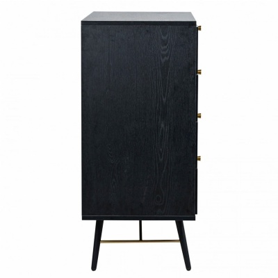 Móvel alto preto com quatro puxadores dourados e pernas altas