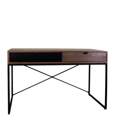 Secretária moderna em madeira castanha escura com estrutura metálica preta