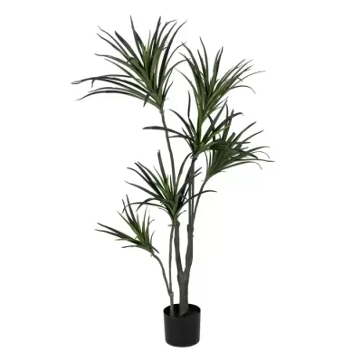 Planta artificial verde com folhas longas em vaso preto sobre fundo branco