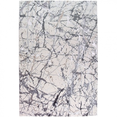 Tapete branco com padrão abstracto cinza e bege.