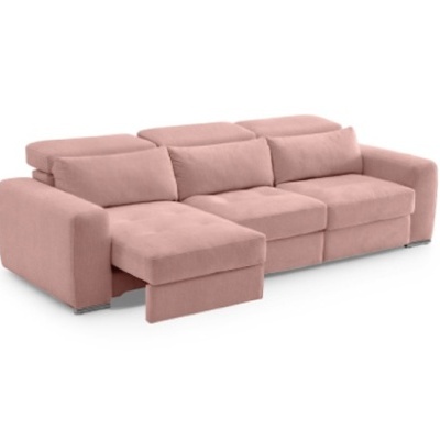 Sofá canto rosa com chaise longue e encostos ajustáveis em fundo branco