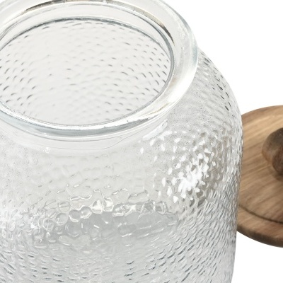 Frasco de vidro transparente com tampa de madeira