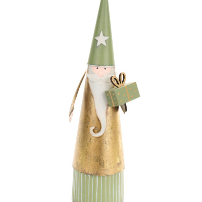 Figura decorativa de Natal com chapéu verde, barbas brancas e presente verde.