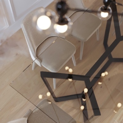 Mesa de jantar de vidro com base preta geométrica e cadeiras cinza claro num piso de madeira clara