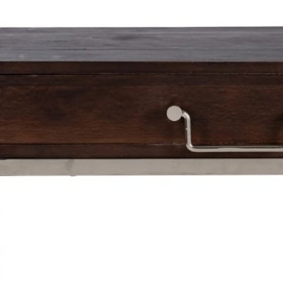 Mesa de madeira escura com gaveta e estrutura metálica prateada