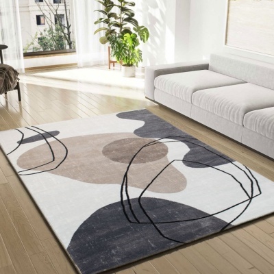 Tapete decorativo abstrato em sala com sofá cinza e planta