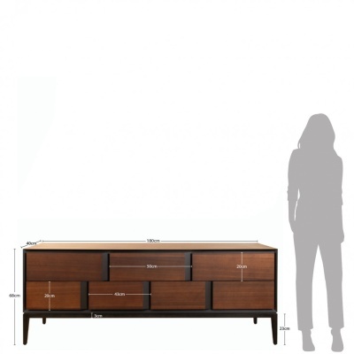 Aparador em madeira castanha escura com gavetas e pernas pretas