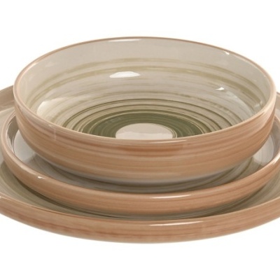 Conjunto cerâmico de 3 pratos redondos com padrão de círculos concêntricos em bege e verde