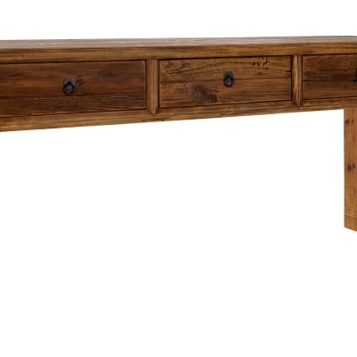 Mesa de madeira castanha com três gavetas e puxadores redondos pretos