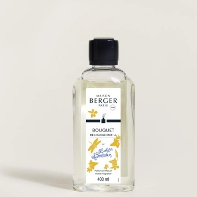 Frasco transparente com rótulo branco e tampa preta de recarga de fragrância Maison Berger