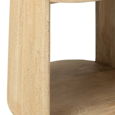 Peça de mobiliário redonda em madeira clara com base sólida e abertura cilíndrica