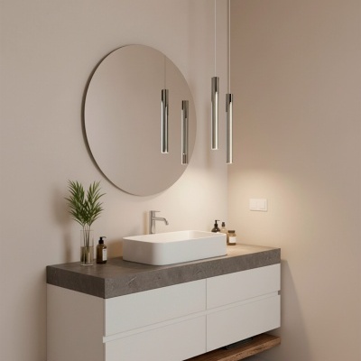 Móvel de casa de banho suspenso com tampo cinza, lavatório branco e espelho redondo